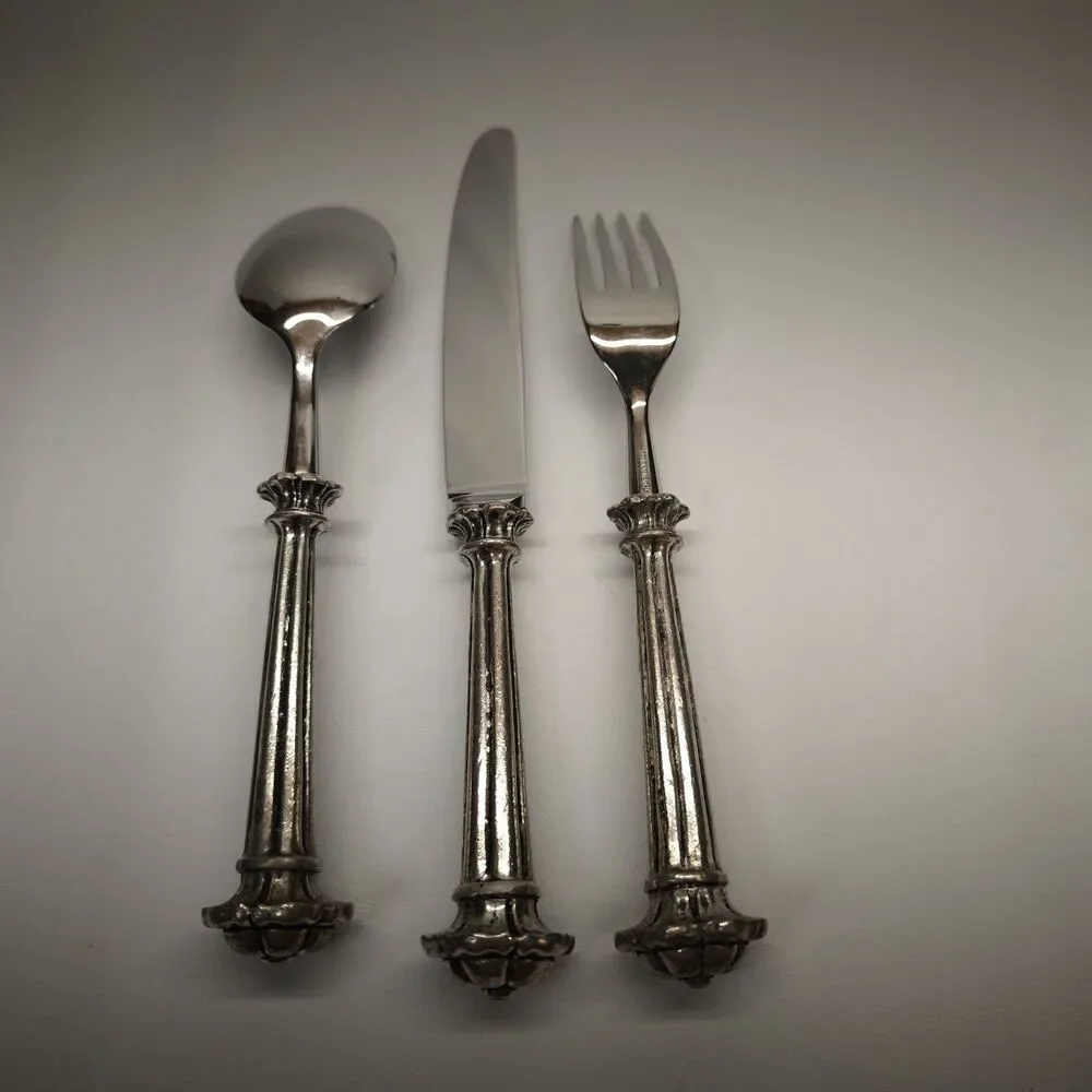 Italian 95 % Pewter Handle Flatware 3 Piece Place Setting 18/10 Stainless Steel
